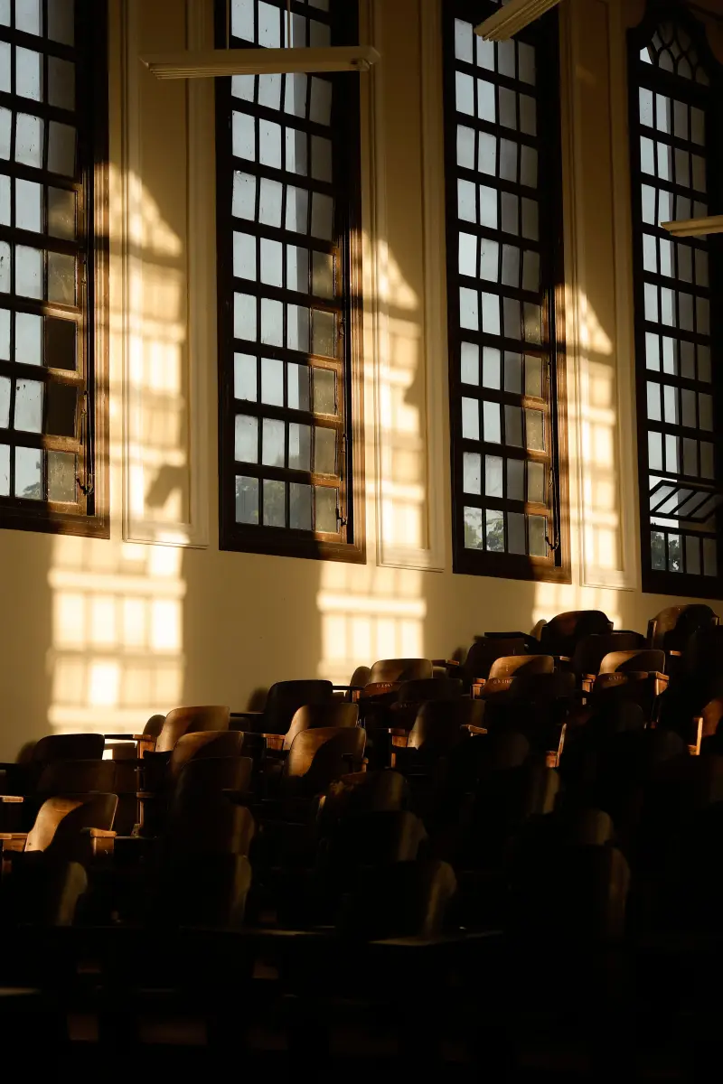 Büyük pencerelerden vuran güneş ışığıyla aydınlanan boş bir amfide sıralar