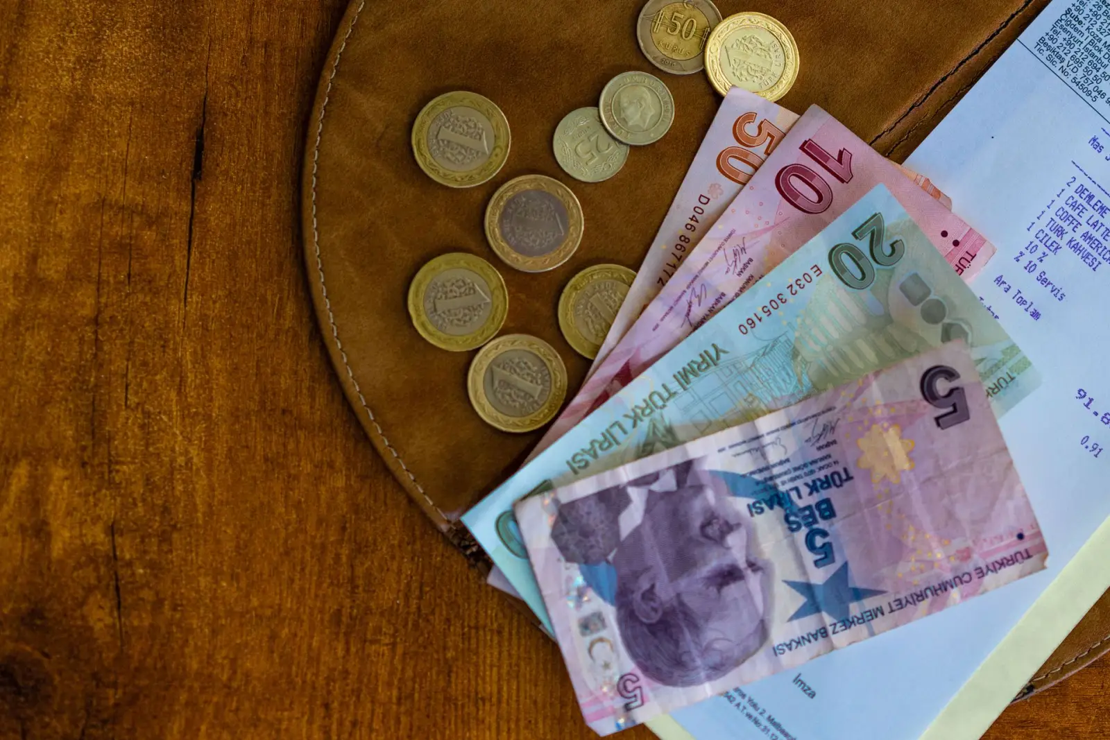 Ahşap zemindeki deri cüzdanın üzerinde Türk lirası banknotlar, madenî paralar ve bir fiş